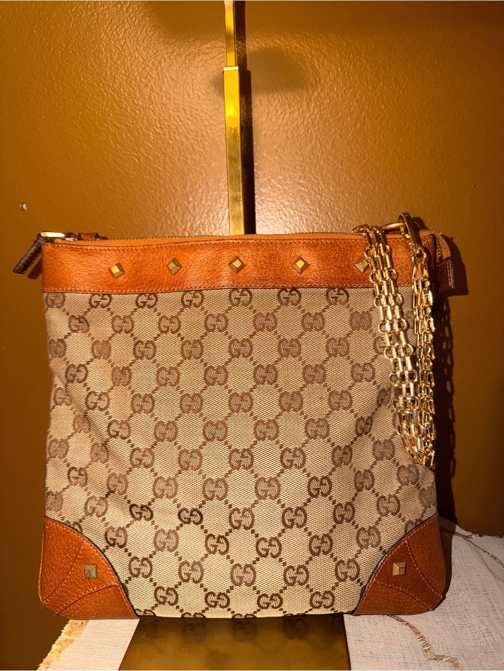 Gucci Brown GG Canvas and Leather Messenger Crossbody Bag w/ Added Chain Strap